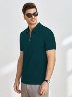 Men's Polyster Blend Regular Fit T-Shirt with Half Sleeve Chain Polo Collar V-Neck Standard Length and Classic Style