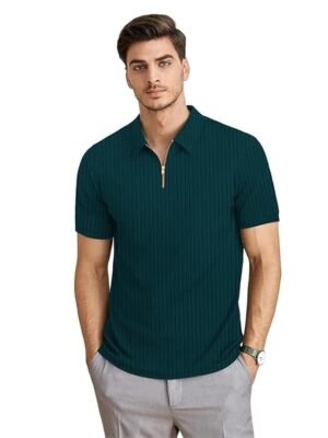 Men's Polyster Blend Regular Fit T-Shirt with Half Sleeve Chain Polo Collar V-Neck Standard Length and Classic Style