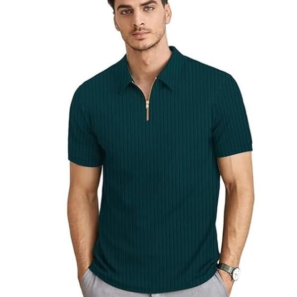 Men's Polyster Blend Regular Fit T-Shirt with Half Sleeve Chain Polo Collar V-Neck Standard Length and Classic Style